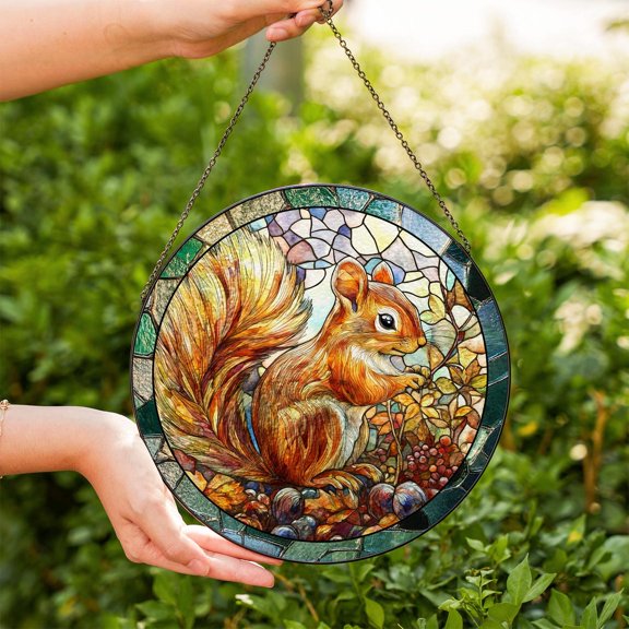 Squirrel Glass Suncatcher v6, Autumn Nature Window Art, Handmade Wildlife Decor, 3.5 in