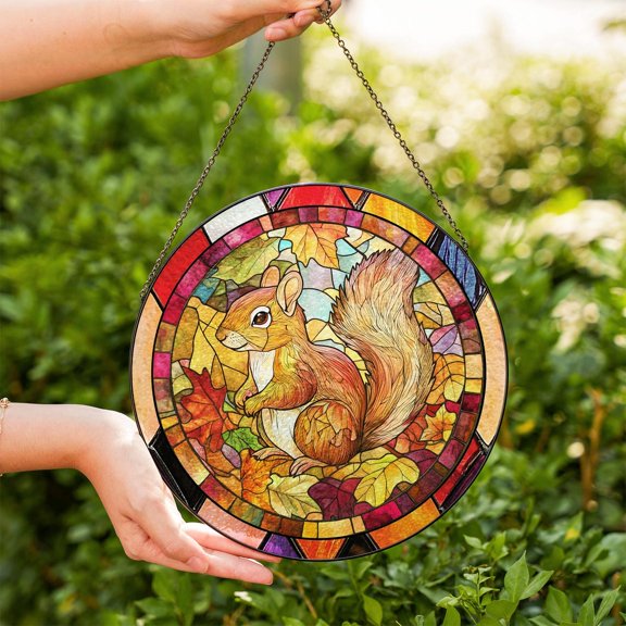 Squirrel Glass Suncatcher v7, Autumn Nature Window Art, Handmade Wildlife Decor, 3.5 in