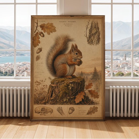 Squirrel Holding Acorn Wall Art Print, Burnt Orange Ochre Antique Botanical Engraving Style