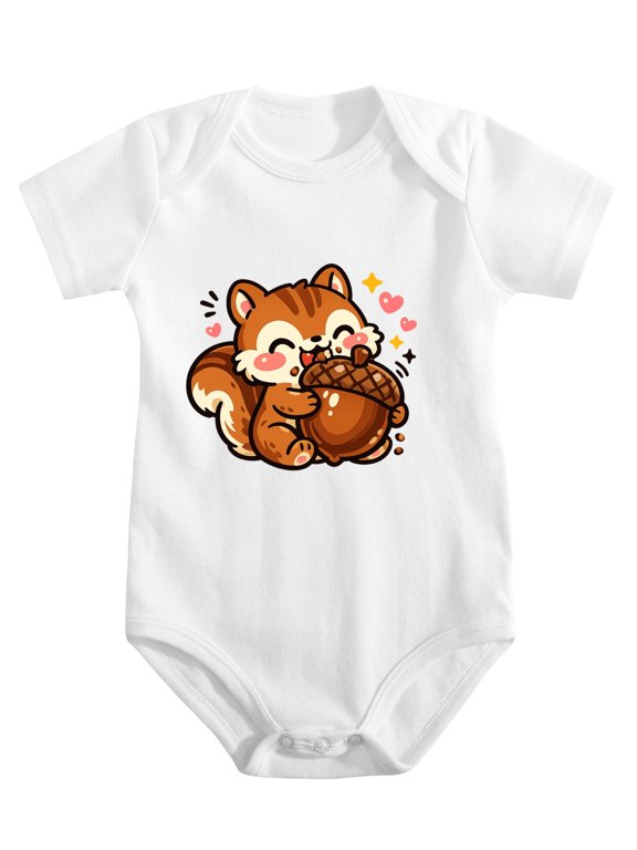 Squirrel Holding Big Acorn Eating Baby Bodysuit, 100% Cotton Short Sleeve Snap Romper, 0-12 Months