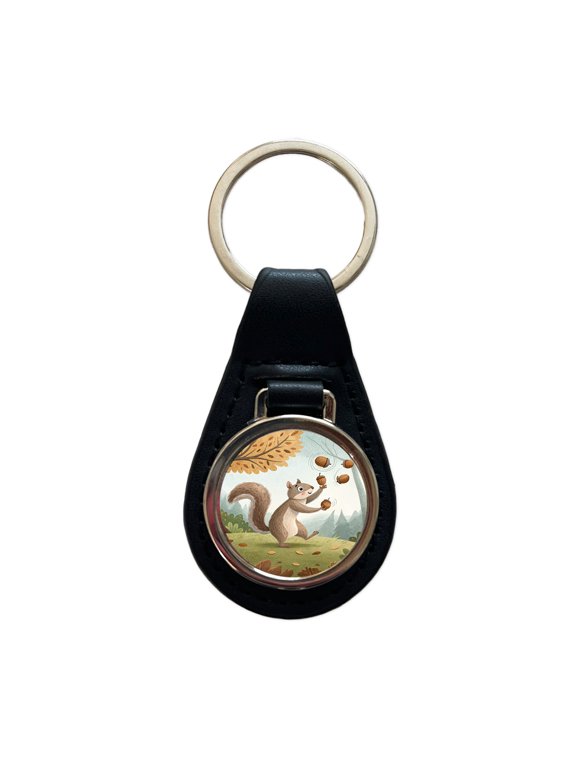 Squirrel Juggling His Acorns Nuts Metal Black Leather Keychain