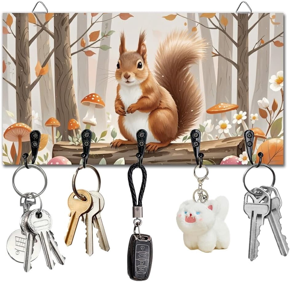 Squirrel Key Card Squirrel Key Holder with 5 Hooks Wall Mounted Wooden Keys Storage Racks ...