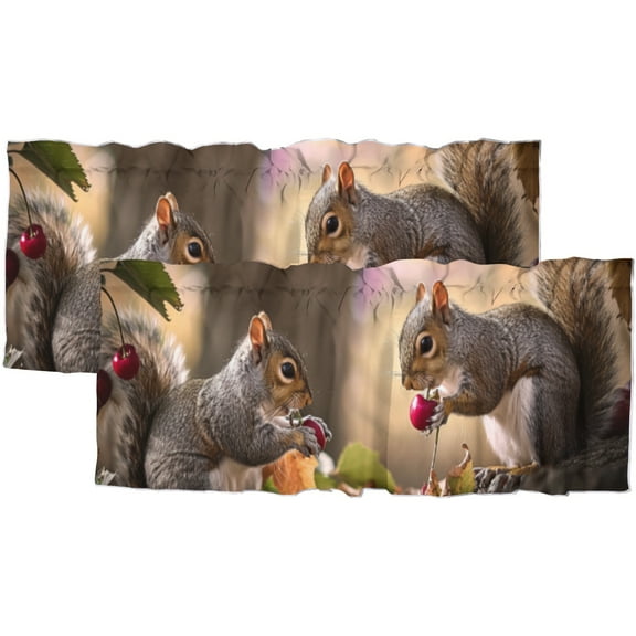 Squirrel Kitchen Curtain Valance Cute Autumn Animals Fallen Leaves Rod Pocket Decoration Window Valance Curtains 54x18inch(2Pcs)