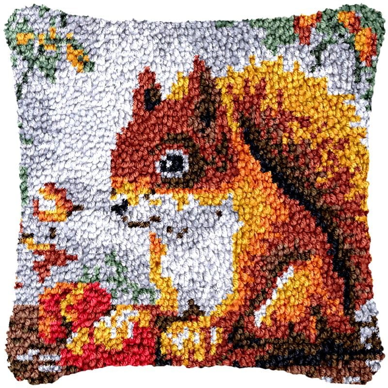 Squirrel Latch Hook Pillow Cover Kits for DIY Handmade Throw Pillow Cross Stitch Latch Hook Pillowcase Rug Kits with Preprinted Color Pattern Canvas Crochet Yarn Kits 17''X 17''(fv52)
