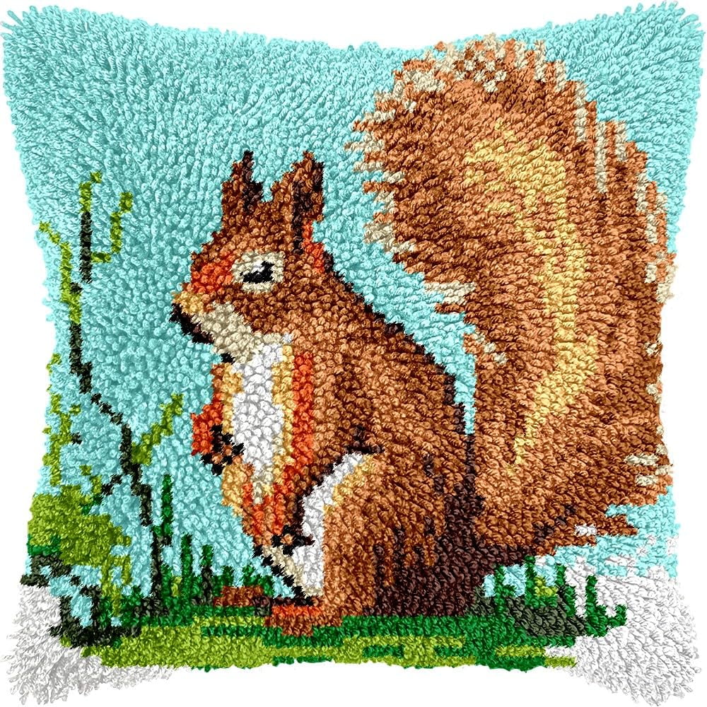 Squirrel Latch Hook Pillow Kits for DIY Handmade Throw Pillow Cushion Embroidery Latch Hooking Pillowcase Kits with Preprinted Canvas Crochet Yarn Kits 17''X 17''(g93)