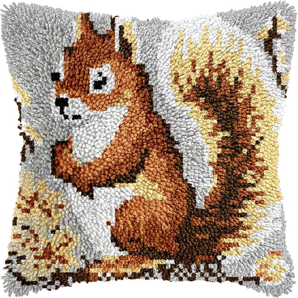 Squirrel Latch Hook Pillow Kits for DIY Throw Pillow Cushion Embroidery Latch Hooking Pillowcase Kits with Preprinted Canvas Crochet Yarn Kits for Home Decor 17''X 17''(d67)