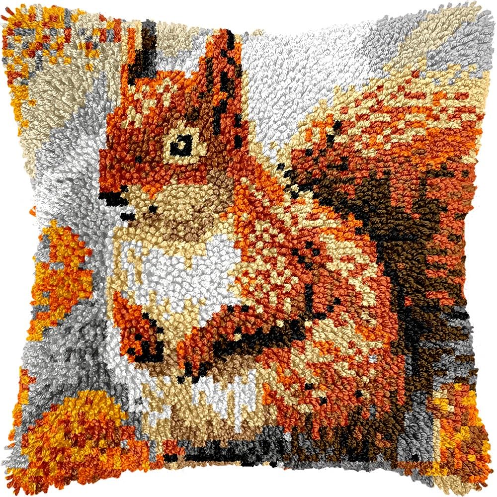 Squirrel Latch Hook Pillow Kits for DIY Throw Pillow Cushion Embroidery Latch Hooking Pillowcase Kits with Preprinted Canvas Crochet Yarn Kits for Home Decor 17''X 17''(d62)