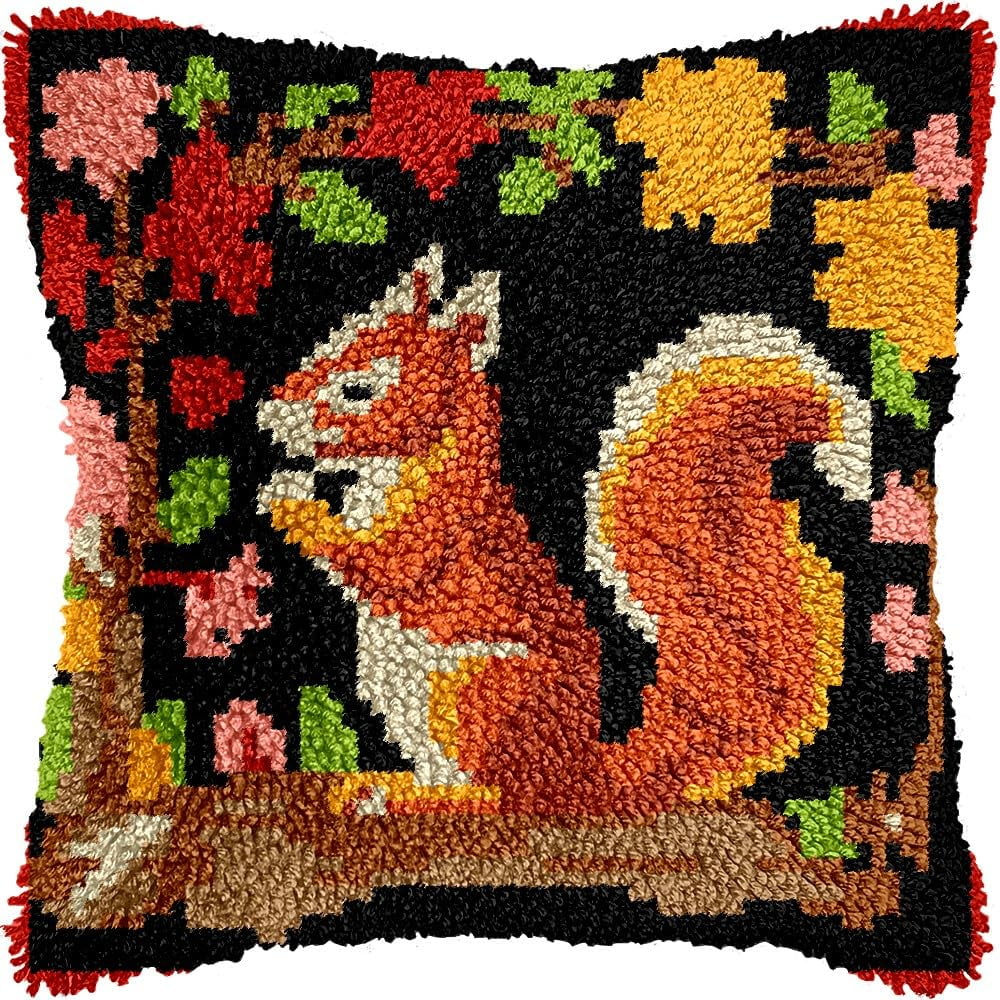 Squirrel Latch Hook Pillow Kits for DIY Throw Pillow Cushion Embroidery Latch Hooking Pillowcase Kits with Preprinted Canvas Crochet Yarn Kits for Home Decor 17''X 17''(d29)