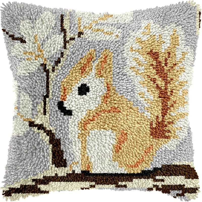 Squirrel Latch Hook Pillow Kits Pillow Cover with Pattern Printed Canvas Sofa Hooking Pillowcase Cushion Crafts Embroidery Latch Hooking Crochet Starter Kits 17x17 inch(1)