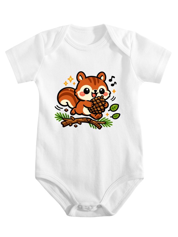 Squirrel Leaping With Pinecone On Branch Baby Bodysuit, 100% Cotton Short Sleeve Snap Romper, 0-12 Months