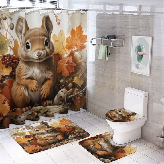 Squirrel Maple Leaves Autumn Thanksgiving 4 Piece Bathroom Rug Set with Shower Curtain Bathroom Sets with Shower Curtain And Rugs 4 Piece Fall Decor Grateful Thanksgiving Waterproof Shower Curtain