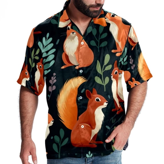 Squirrel Men's Button Down Spread Collar Casual Printed Short Sleeve Summer Beach Unisex Shirts
