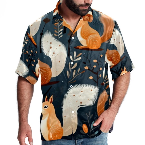 Squirrel Men's Short Sleeve Beach Shirts, Hawaiian Printed Button Down Summer Casual Unisex Men's Shirts