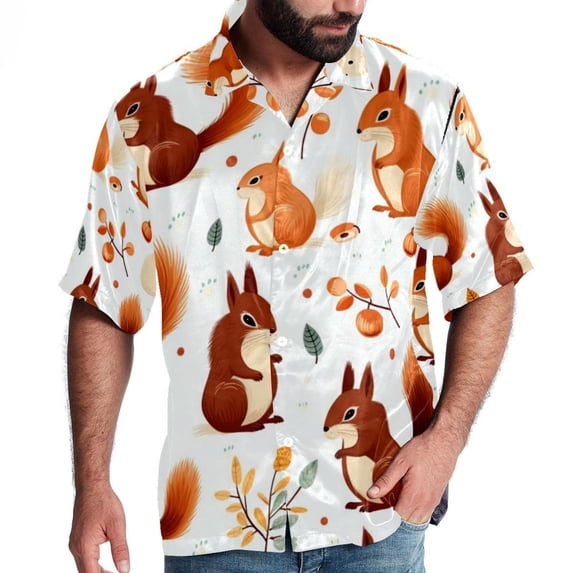 Squirrel Men's Short Sleeve Shirts, Casual, Printed, Button Down, Beach Shirt - Spread Collar Tops for Summer Beach Fun