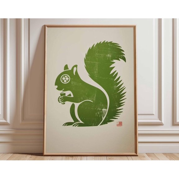 Squirrel Minimalist Animal Vintage Style Modern Green Squirrel Wall Art Print, Unframed Paper Poster 24x36in