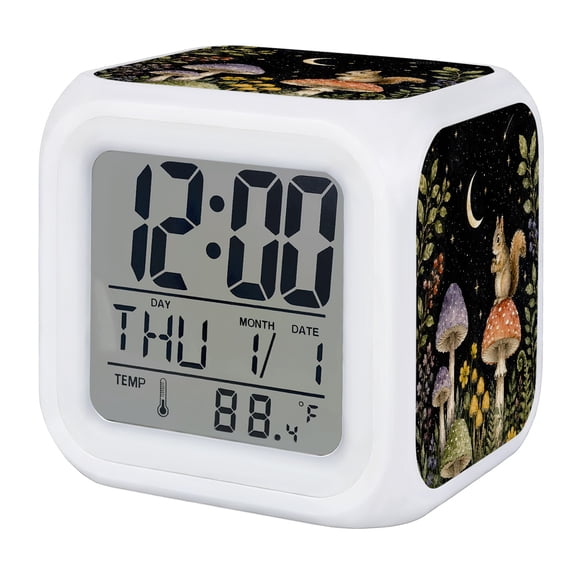 Squirrel Mushroom Digital Alarm Clock for Bedrooms, Smart LED Alarm Clock with 7 Color Changing Night Light, Farmhouse Botanical Flowers Leaves Silent Wake Up Clocks for Sleep Study Cooking 3.2"x3.2"