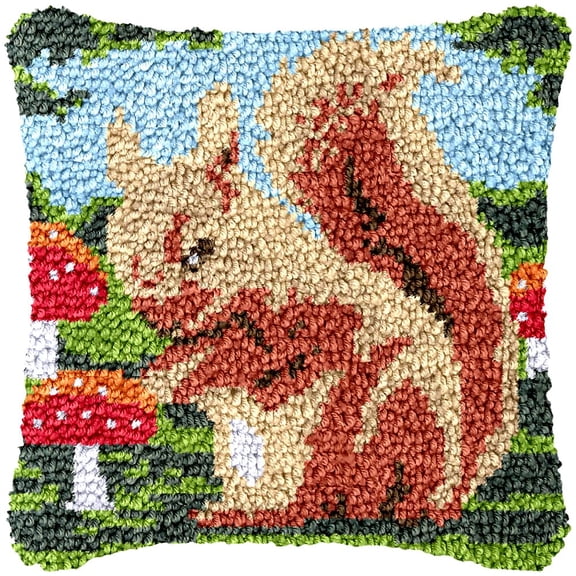 Squirrel & Mushroom Latch Hook Kits Pillow Cover DIY Rug Making Crochet Hook Cushion Making Kits with Preprinted Pattern Canvas DIY Needlework Crochet Kits Sofa Decor 43x43cm
