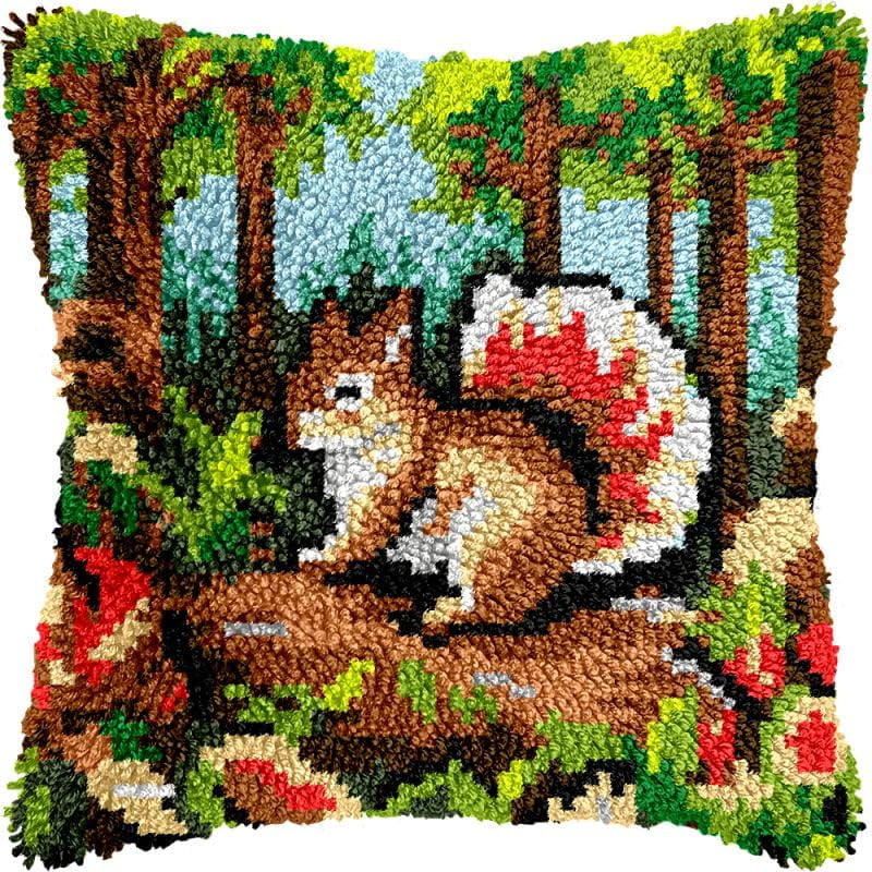 Squirrel & Mushroom Latch Hook Pillow Kits Cushion Pillowcase with Pattern Printed Canvas Sofa Hooking Pillows Crafts Embroidery Latch Hooking Crochet Kits 17x17 inch(191)