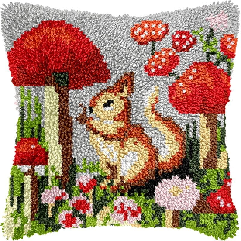 Squirrel & Mushroom Latch Hook Pillow Kits Cushion Pillowcase with Pattern Printed Canvas Sofa Hooking Pillows Crafts Embroidery Latch Hooking Crochet Kits 17x17 inch(81)