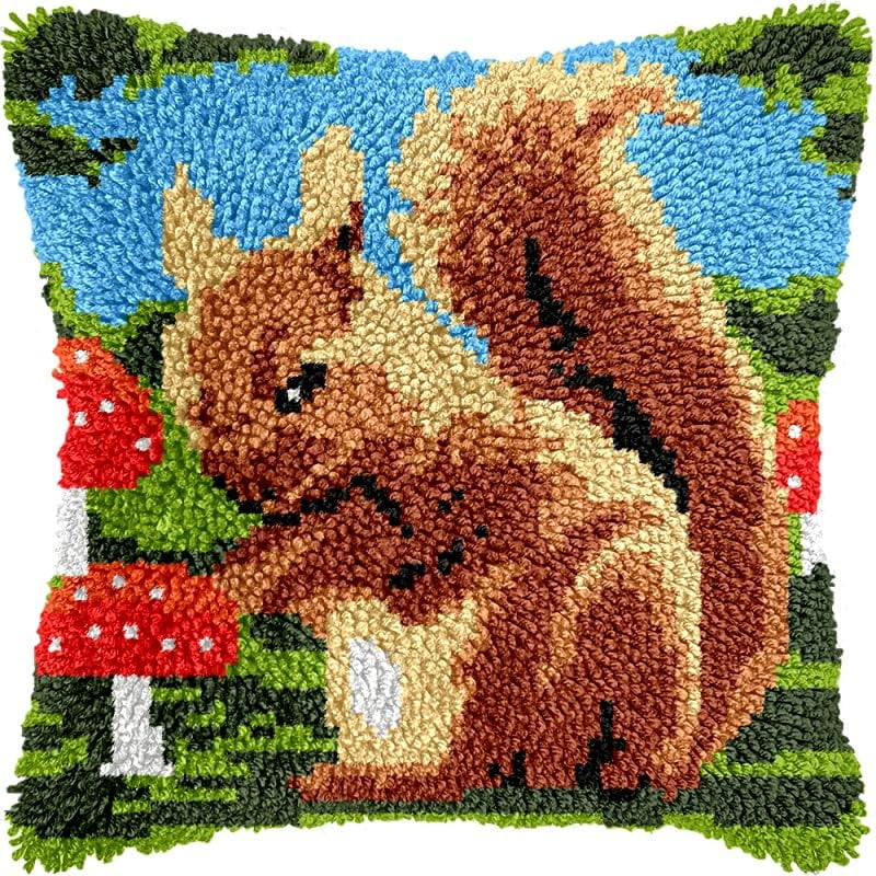 Squirrel & Mushroom Latch Hook Pillow Kits Pillow Cover with Pattern Printed Canvas Crochet Cross Hooking Pillowcase Cushion Crafts Embroidery Latch Hooking Crochet Kits 17x17 inch(53)