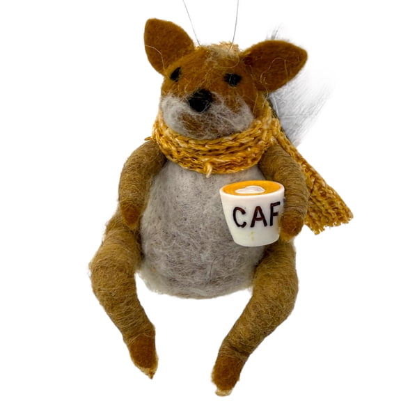 Squirrel Ornament with Coffee- Felted Wool Holiday Christmas Tree Decoration