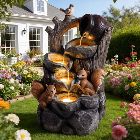 Squirrel Outdoor Water Fountain with Warm LED Lights, Multi-Tier Cascading Waterfall Garden Decor, Resin Tree Stump Pouring Jug Fountain for Patio Yard Porch
