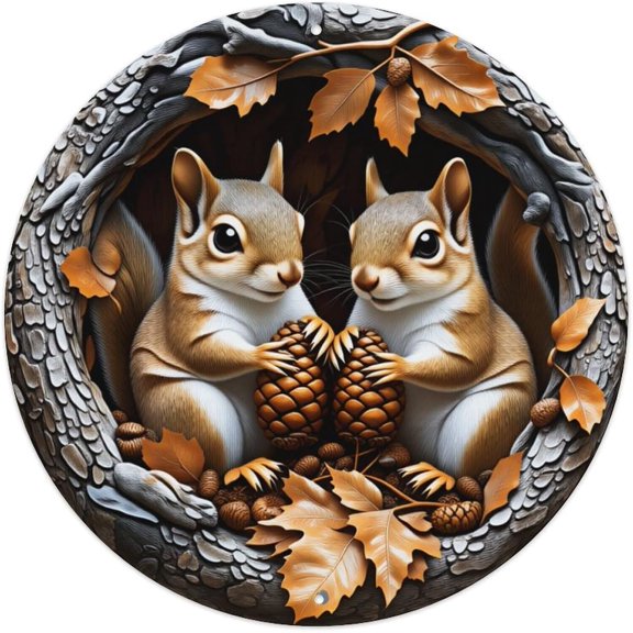 Squirrel Pair Pinecone Autumn Leaves Round Sign Wall Decor Poster, Home Bar Garage Cafe Kitchen Wall Art Decoration 8x8 inches