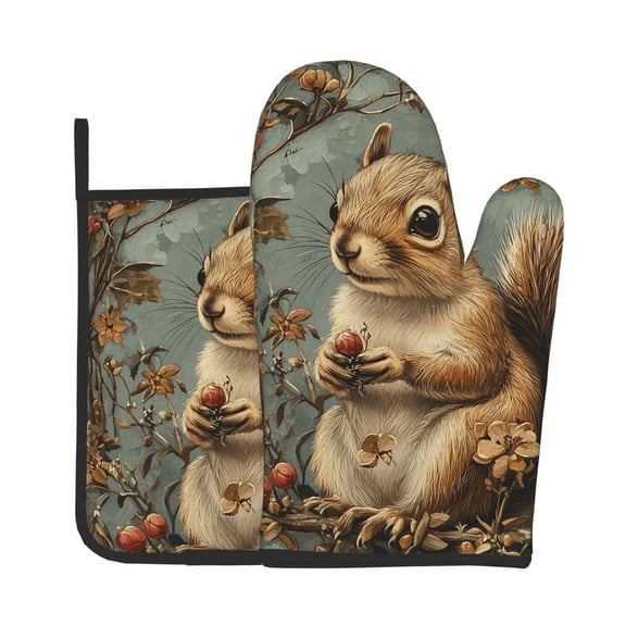 Squirrel Patterns Vintage 2Pcs Oven Mitts and Pot Holders Set Kitchen Glove & Trivet Hot Pads for Cooking Baking BBQ Grilling