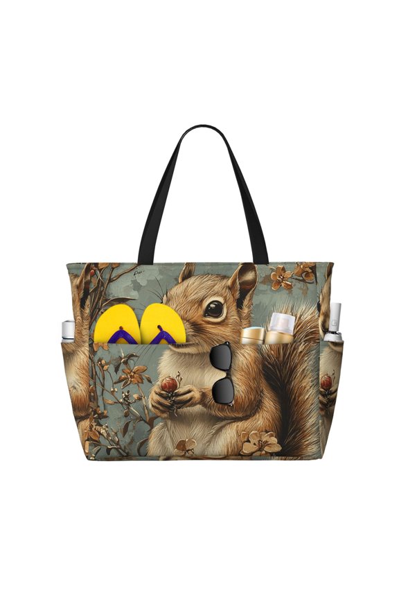 Squirrel Patterns Vintage Large Capacity Beach Travel Tote Bag Shoulder Handbag for Gym Camping Shopping