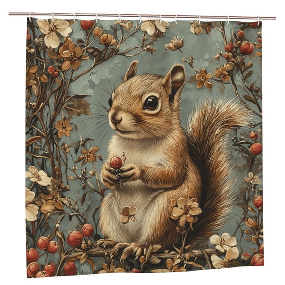 Squirrel Patterns Vintage Shower Curtain with 12 Plastic Hooks Washable Polyester Fabric Bathroom 72x72 Inch
