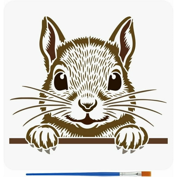 Squirrel Peeping Painting Stencil with a 16cm Paint Brush 11.8x11.8inch Reusable Plastic Stencil DIY Craft Template for Painting on Wall Wood Furniture Fabric