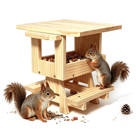 Squirrel Picnic Table Feeder with Roof & Perch Platform - Solid Wood Outdoor Feeding Station for Backyard Squirrels & Chipmunks, Holds Corn Cobs & Peanuts - Easy Mount