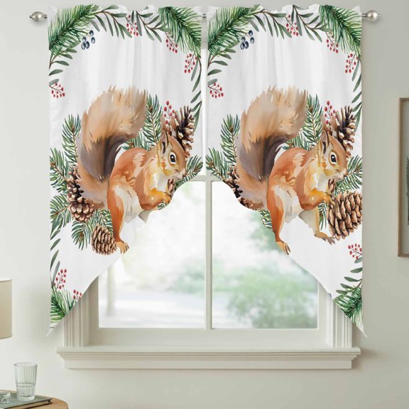 Squirrel Pine Cone Circle Swag Valances for Windows, Rod Pocket Short Curtains, Machine Washable Kitchen Window Topper for Bathroom Living Room, 28 x 36 Inch, 1 Pair