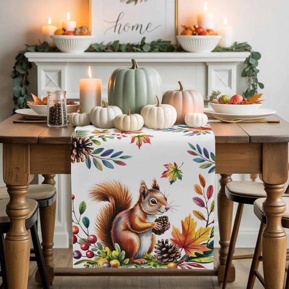 Squirrel Pine Cone Cotton Linen Table Runner, Washable Table Runners for Kitchen, Dining Room, Holiday, Home Party Table Decor, 13x120 Inches