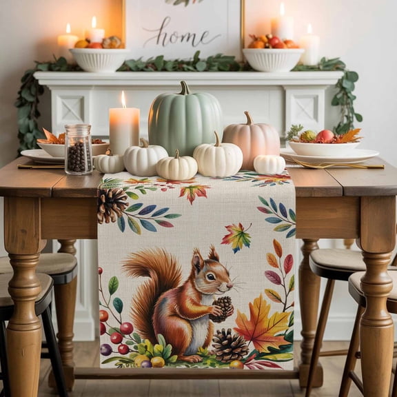 Squirrel Pine Cone Cotton Linen Table Runner, Washable Table Runners for Kitchen, Dining Room, Holiday, Home Party Table Decor, 13x120 Inches