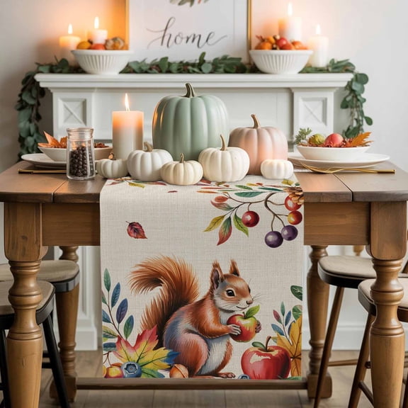 Squirrel Pine Cone Cotton Linen Table Runner, Washable Table Runners for Kitchen, Dining Room, Holiday, Home Party Table Decor, 13x60 Inches