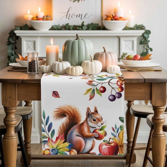 Squirrel Pine Cone Cotton Linen Table Runner, Washable Table Runners for Kitchen, Dining Room, Holiday, Home Party Table Decor, 13x72 Inches