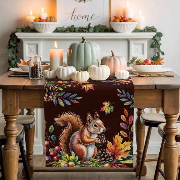 Squirrel Pine Cone Table Runner, Autumn Thanksgiving Kitchen Dining Table Decoration for Home Party Decor 13x36 Inches