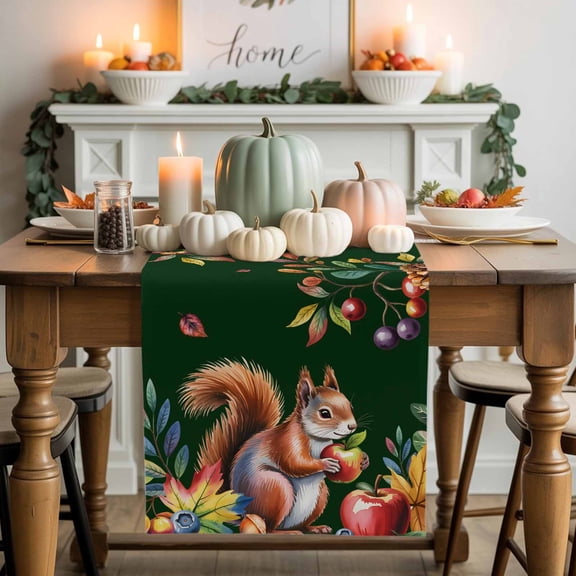 Squirrel Pine Cone Table Runner, Autumn Thanksgiving Kitchen Dining Table Decoration for Home Party Decor 13x72 Inches