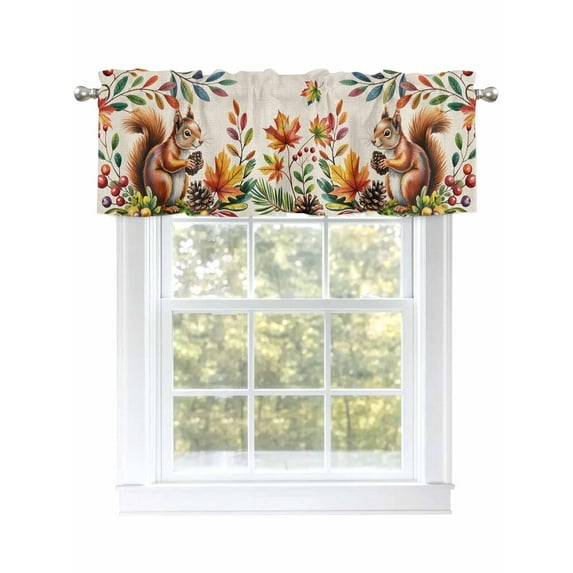 Squirrel Pine Cone Valances for Windows Fall Maple Leaf Berry Thanksgiving Linen Rod Pocket Curtains Valance Short Window Treatment Drapes for Living Room, Bedroom Bathroom 42" W x 18" L