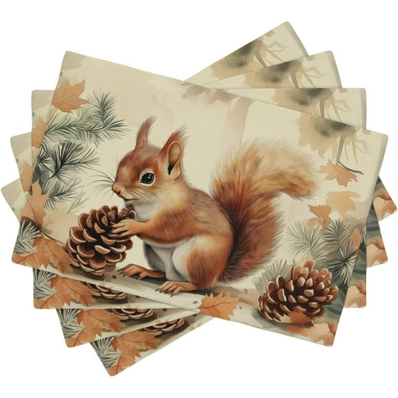 Squirrel Placemats Set of 4, 12 x 18 Inch Decorative Place Mats for Dining Table Decor, Linen Washable Table Mats for Kitchen Outdoor Party Home Decor