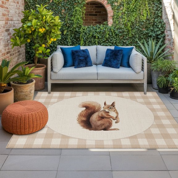 Squirrel Plaid Indoor Outdoor Rugs 5x8 Ft, Rustic Farmhouse Brown Checked Animal Linen Texture Outdoor Patio Rugs Mat Washable Outside Area Rugs Carpet for Porch Deck RV Camping Pool Balcony Backyard