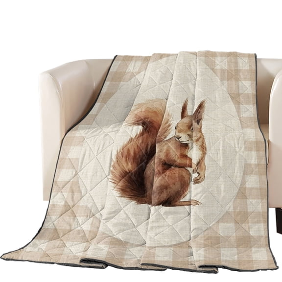 Squirrel Plaid Quilted Comforters Cooling Blanket Queen Size, Rustic Farmhouse Brown Checked Animal Linen Texture Cold Comfort for Hot Sleepers Lightweight Air Conditioning Quilt Blanket for Bed