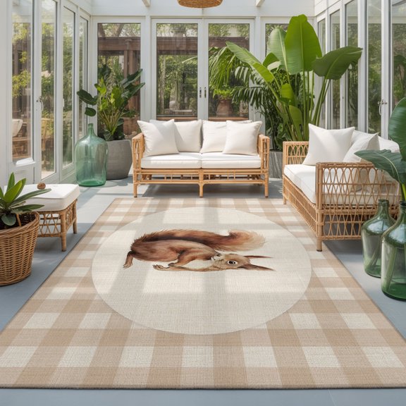 Squirrel Plaid Washable Living Room Rugs 9'x12', Rustic Farmhouse Brown Checked Animal Pattern Linen Texture Washable Throw Large Area Rug Non-Slip Edge Binding Carpet for Bedroom Dining Room Office