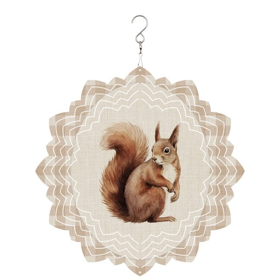 Squirrel Plaid Wind Spinner for Garden Yard 8In, Rustic Farmhouse Brown Checked Animal Linen Texture 3D Stainless Steel Kinetic Hanging Wind Spinners Rustproof Outdoor Decor for Lawn Patio Home