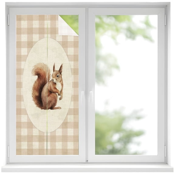 Squirrel Plaid Window Privacy Film, Rustic Farm Brown Checked Animal Pattern Linen Texture Frosted Glass Window Clings Static Cling UV Heat Blocking Reusable Sticker for Bathroom 19.6 x 39.3 Inch