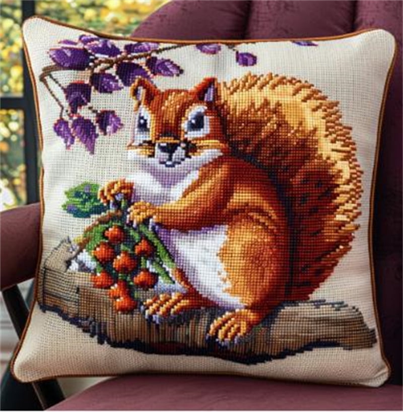 Squirrel Printed Cross Stitch Pillow Case Kits , 17.72" x 17.72" , Handmade Embroidery Kit Needlepoint Home Decor for Sofa (11ct)