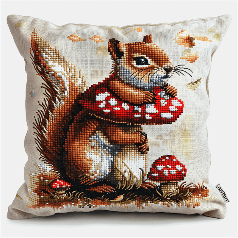 Squirrel Printed Cross Stitch Pillow Case Kits , 45X45cm , Needlepoint Craft Set Handmade Craft for Sofa Home Decor (11 Count)