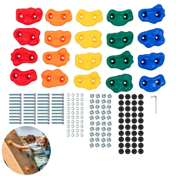 Squirrel Products Kids Rock Climbing Holds Indoor & Outdoor Playground Accessories Rock Wall Climbing Kit with Mounting Hardware - 20 Pack with Patented Safety Plugs