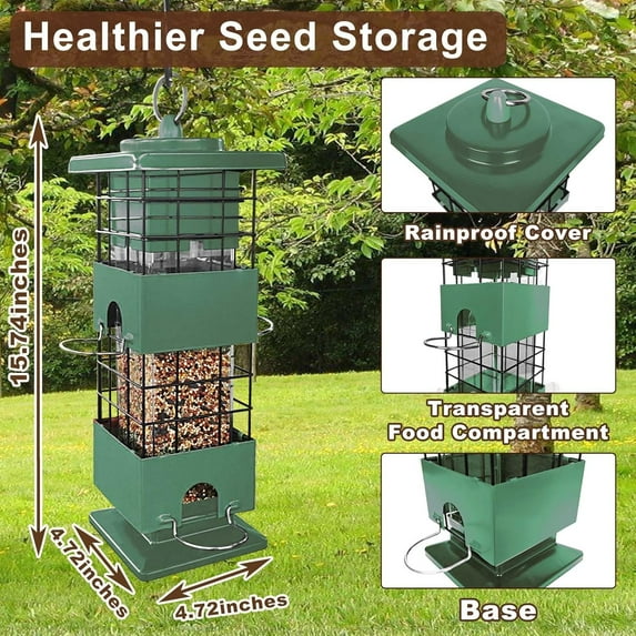 Squirrel Proof Bird Feeder, 3LBS Large Capacity Hanging Bird Feeders with Weight-Activated Perches for Outdoors, Metal Wild Birdfeeder for Blue Jay, Cardinal, Outside (Green)